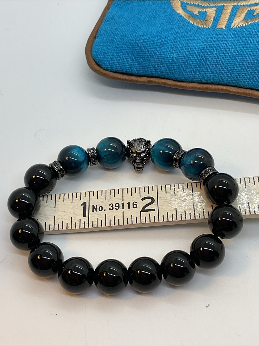 Blue and Black Beaded Stretch Bracelet with Wolf Charm - Picture 4 of 4